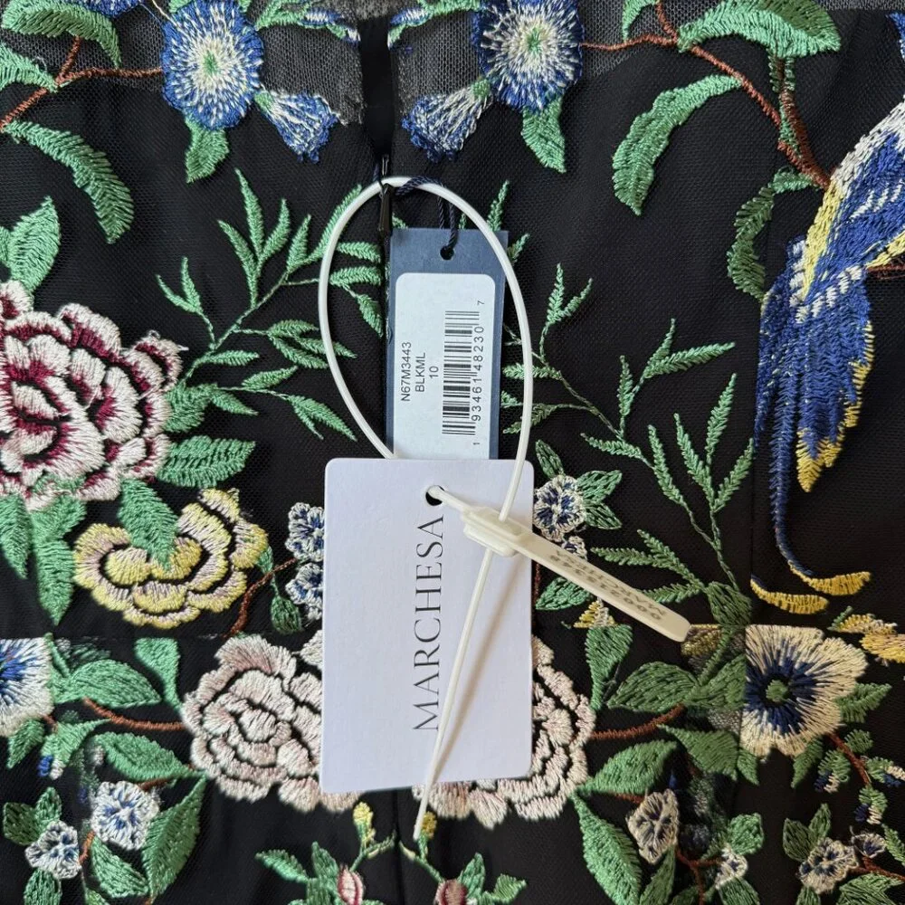 NWT Marchesa Notte Floral Embroidered On Tulle Midi Dress Size 10 - Picture 7 of 8